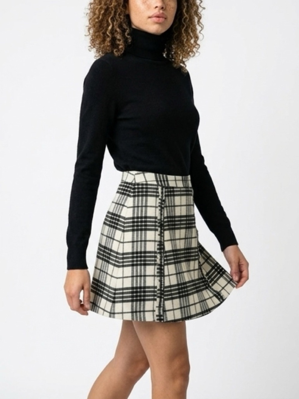LOFT Black & Cream Plaid Skater Mini Skirt